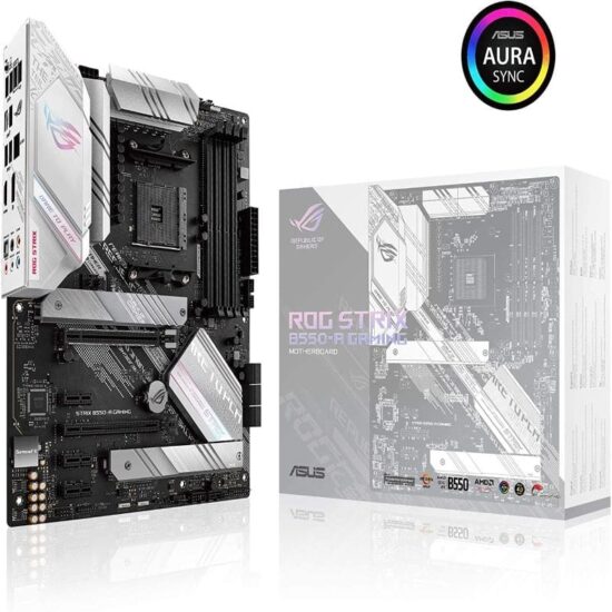ROG%20STRIX%20B550 A%20GAMING Tarjeta madre ASUS ROG STRIX B550-A GAMING con chipset B550, soporte para procesadores AMD Ryzen de 3ra gen, USB 3.2, iluminación RGB y tecnología de enfriamiento avanzada.